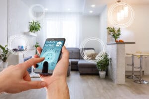 Smart home automation via smartphone app in living room.