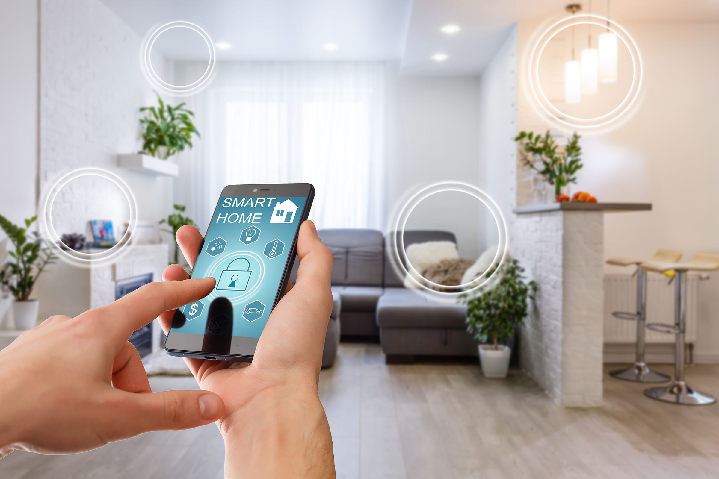 Smart home automation via smartphone app in living room.
