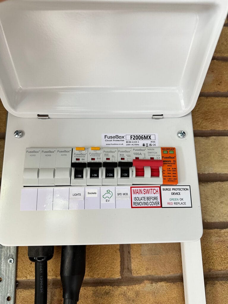 Fuse box with main switch and circuit labels.